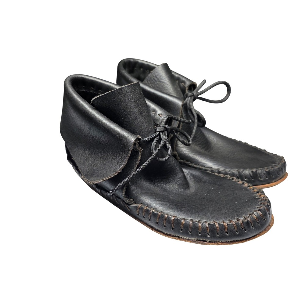 Handmade Black Leather Moccasin Boots Ankle Lace Up Whipstitch Women 9.5 Men 8